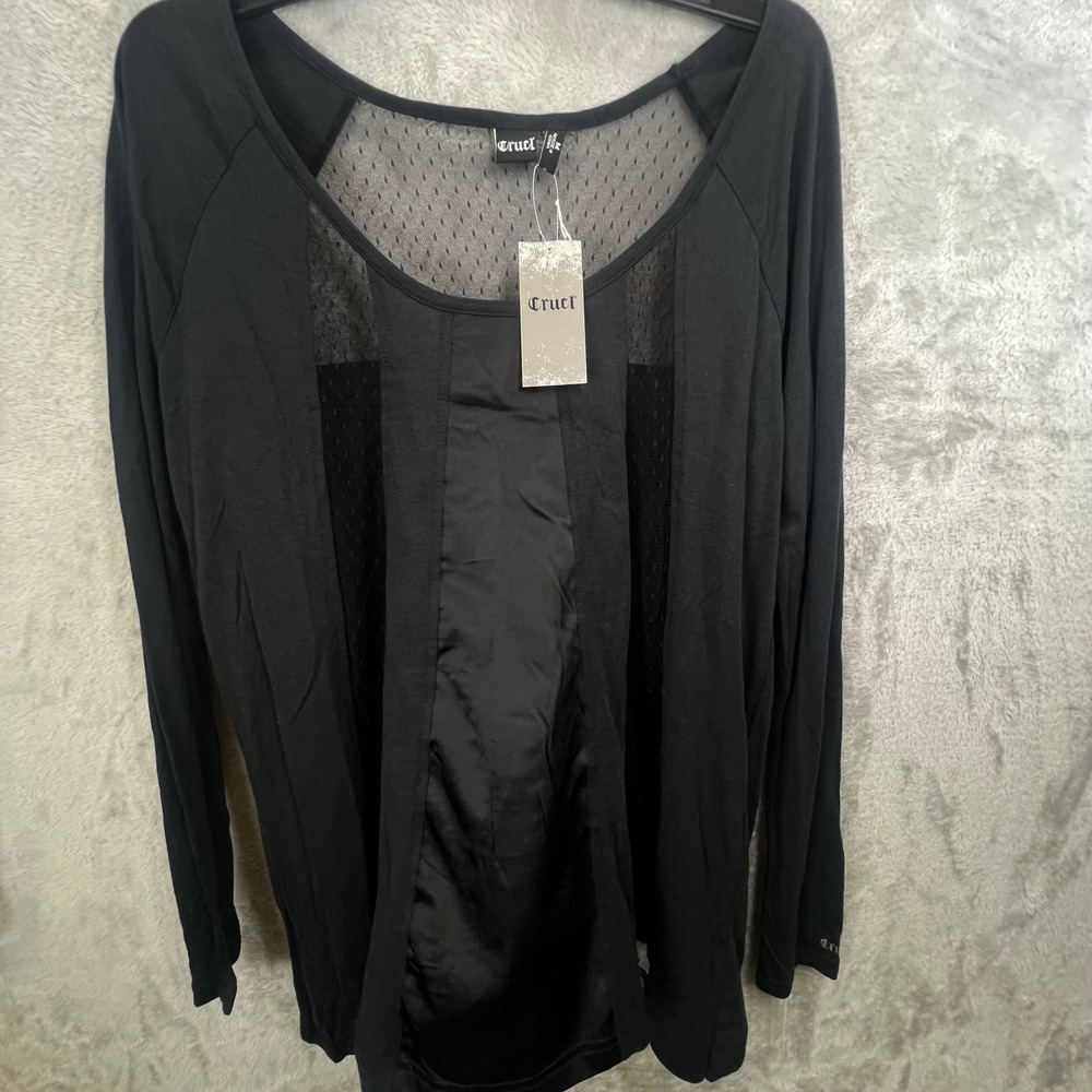 Cruel Black Mixed Media Mesh Satin Long Sleeve Top M Goth Edgy Dark‎ Academia